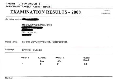 My IoL diploma in translation exam pass-fail letter