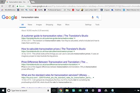 Screenshot of The Translator’s Studio website raking 1, 2 and 3 for the keyword “transcreation rates” on Google Incognito, to demonstrate that we know about SEO website translation.