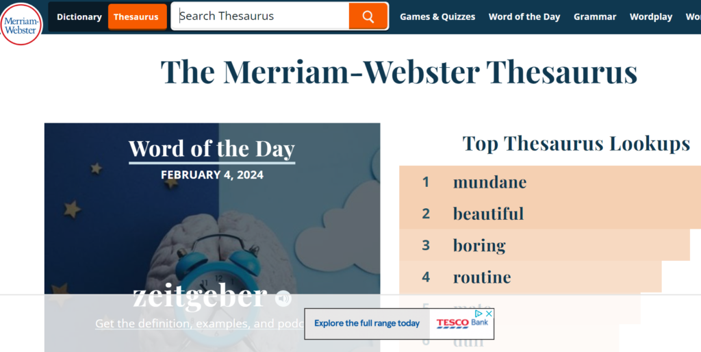 Screenshot of the home page of the Merriam-Webster Thesaurus Online