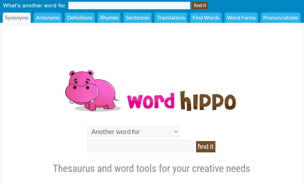 Screenshot of the Word Hippo thesaurus homepage.