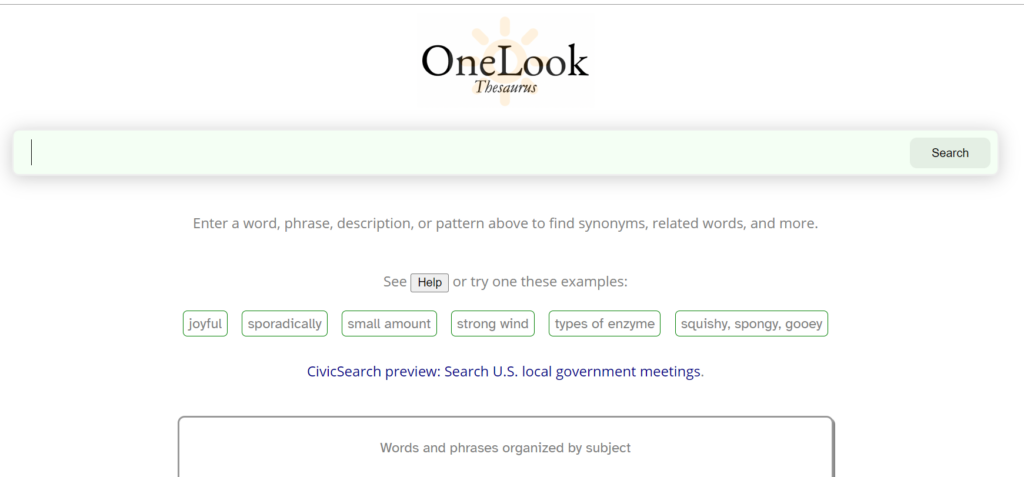 Screenshot of the home page of the OneLook Thesaurus