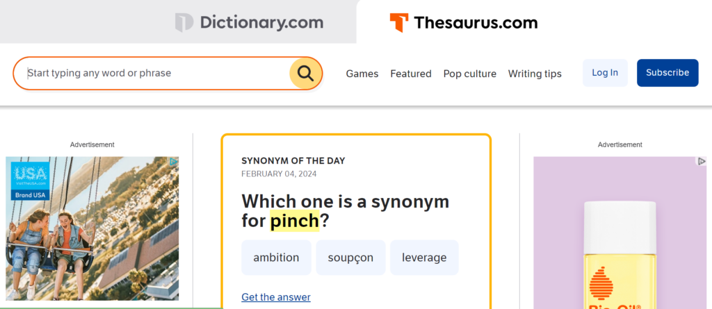 Screenshot of the home page of Thesaurus.com