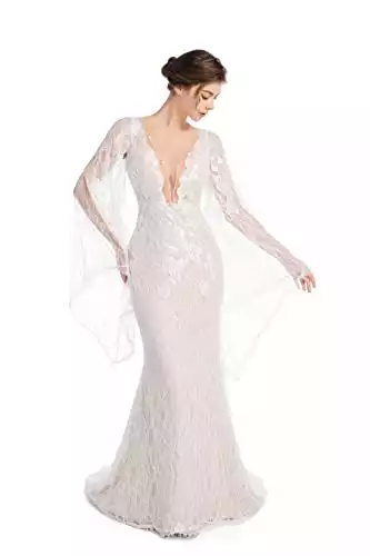 Sorayan Luxury Lace Flare Sleeves Mermaid Wedding Dress Boho Beach Sexy Deep V Open Back Bridal Gowns (8,Champagne Lining)