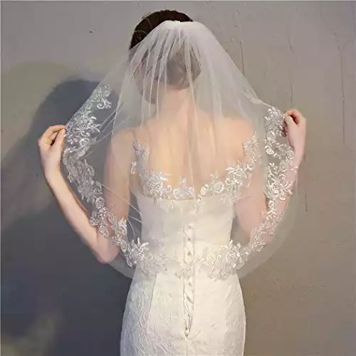 Ursumy Bride Wedding Lace Veil Short Waist Veils 2 Tier Soft Tulle Veil Bridal Veils with Comb (Ivory)