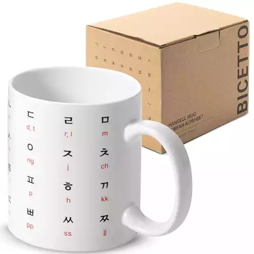 BICETTO 12oz 한글 Korean Ceramic Coffee Cup with Stunning Hangul & English Alphabet Pattern - Ideal Mug for Coffee & Language Enthusiasts - Durable - Premium Korean Gift (Academic Red)